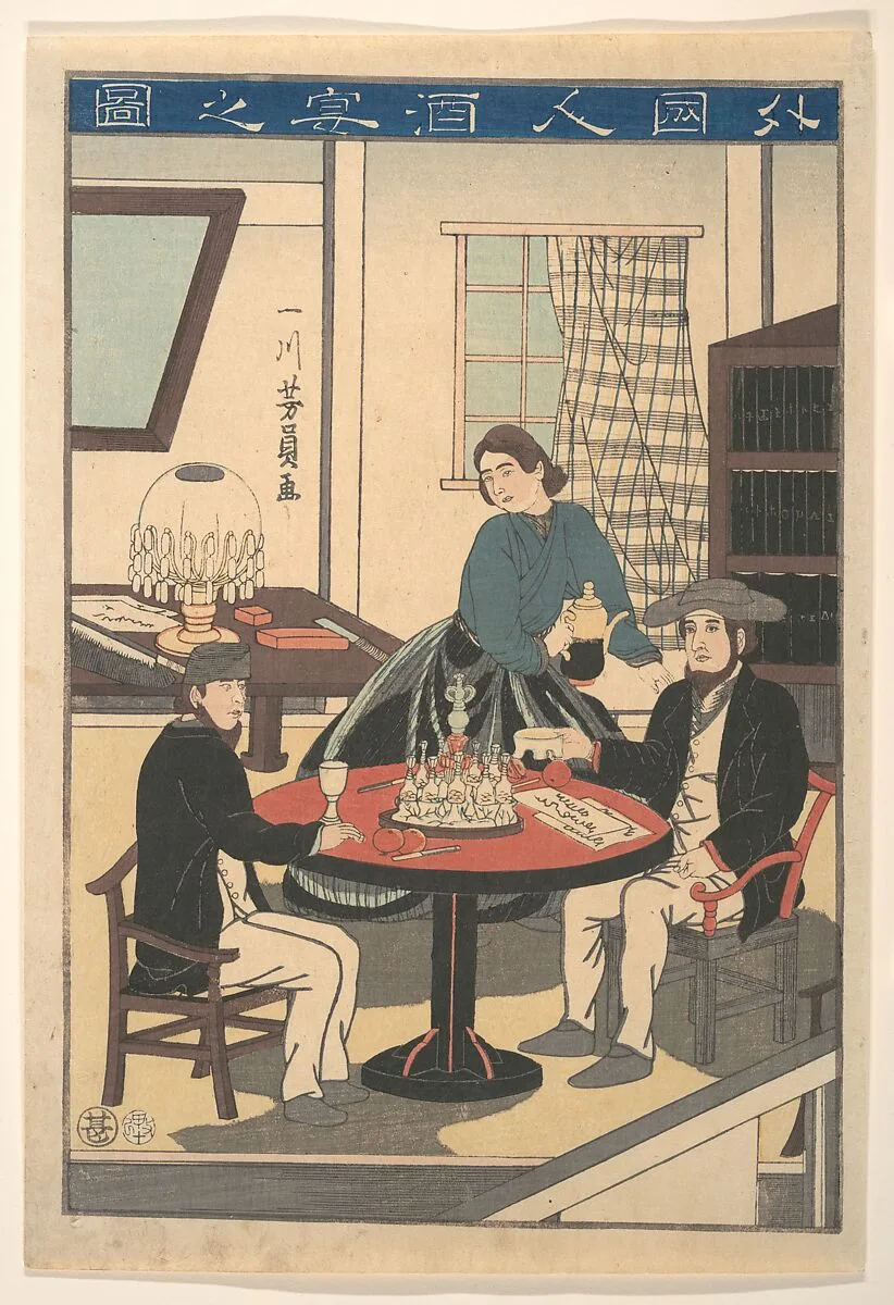 Gaikokujin Sake no zu|A Foreigner's Wine Party (Gaikokujin shuen no zu), from an untitled series of foreigners at home — Utagawa Yoshikazu