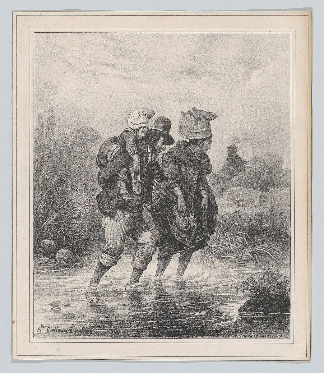 Man, Woman and Child Crossing a Stream — Hippolyte Bellangé