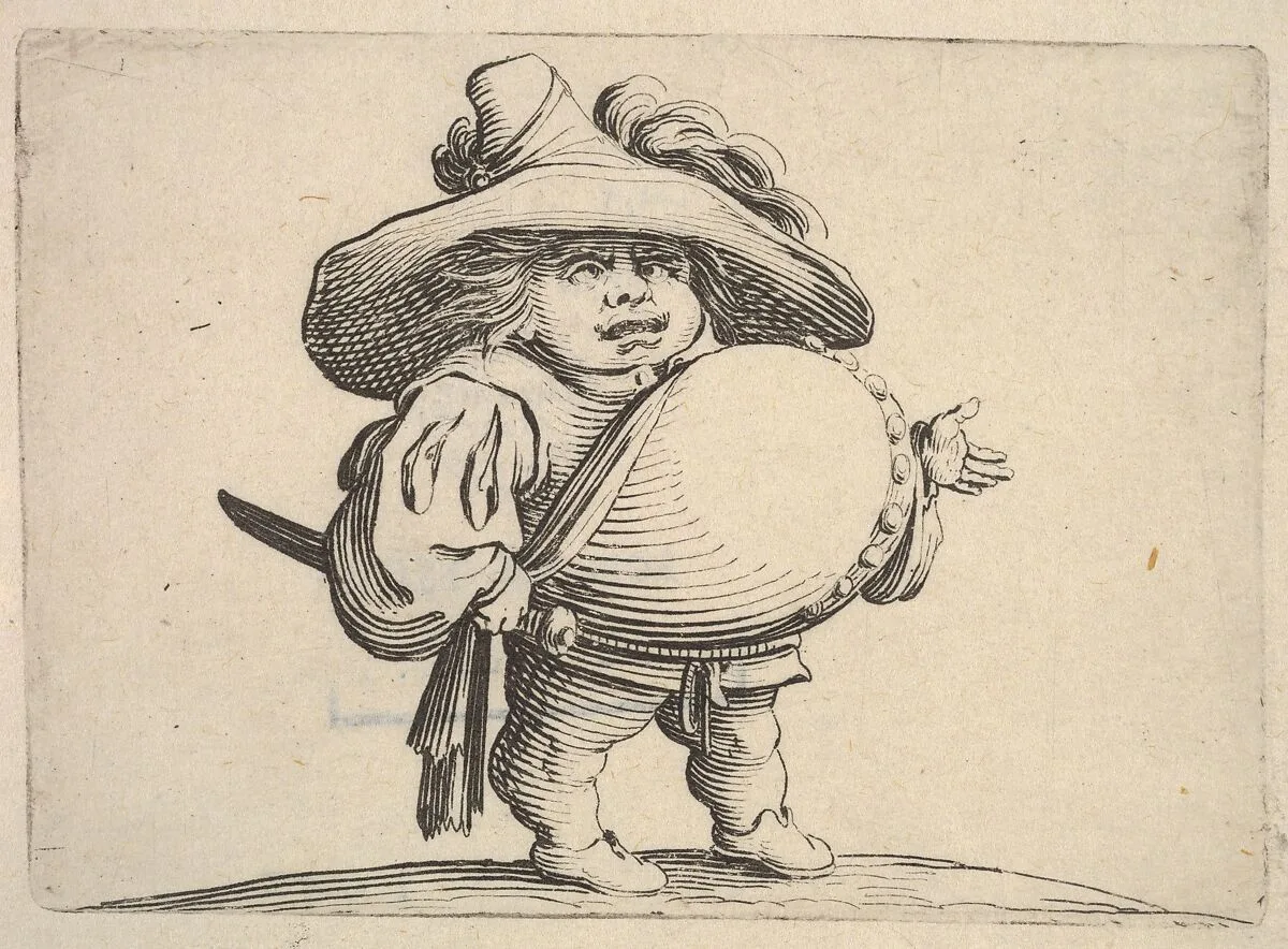 Small male figure in three-quarter view with outstreched left hand and right hand grasping sword at hip, from the series 'Varie figure gobbi' — Jacques Callot