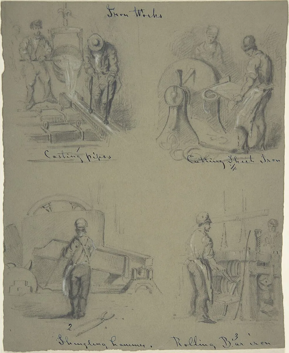 Four drawings showing the manufacture of iron — Anonymous, British, 19th century
