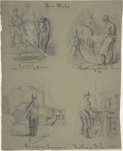 Four drawings showing the manufacture of iron