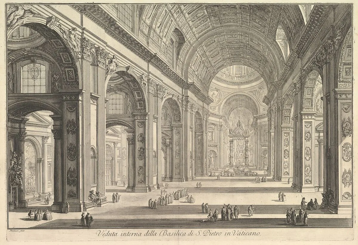 Interior view of St. Peter's Basilica in the Vatican, from "Vedute di Roma" (Roman Views) — Giovanni Battista Piranesi|Giovanni Bouchard