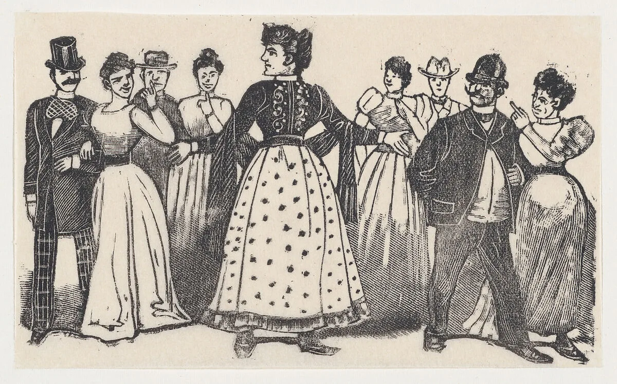 A woman with her ams open surrounded by figures in elegant dress — José Guadalupe Posada