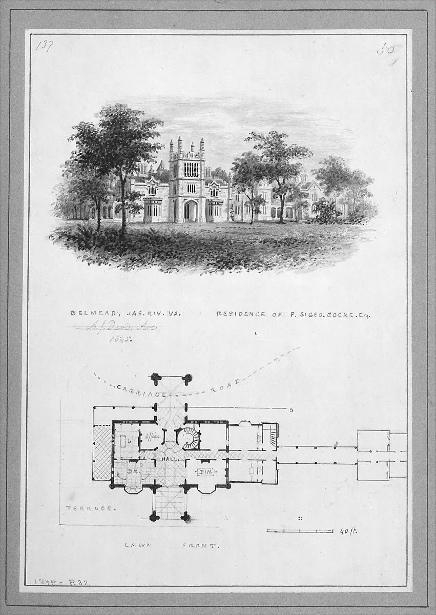 "Belmead", James River, Virginia, Residence of Philip St. George Cocke (vignette of riverside elevation and plan) — Alexander Jackson Davis