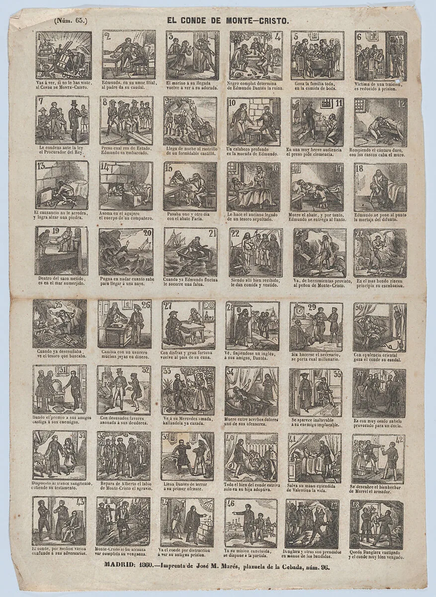Broadside with 48 scenes from the life of the Count of Monte Cristo — José María Marés