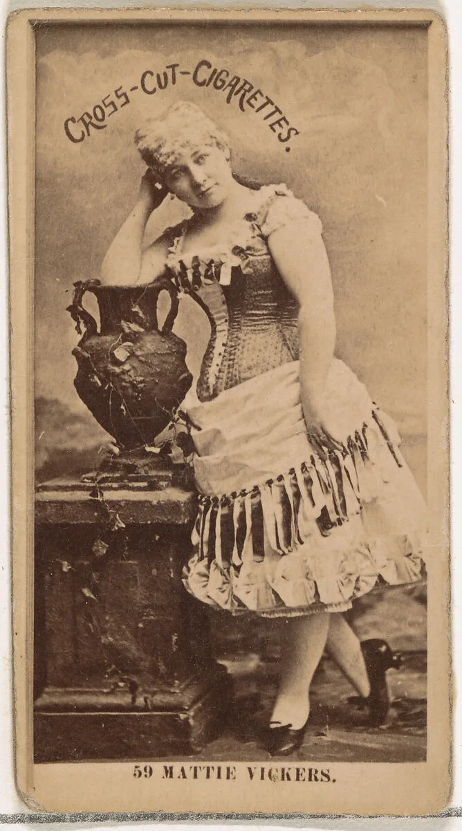 Card Number 59, Miss Mattie Vickers, from the Actors and Actresses series (N145-2) issued by Duke Sons & Co. to promote Cross Cut Cigarettes — W. Duke, Sons & Co.