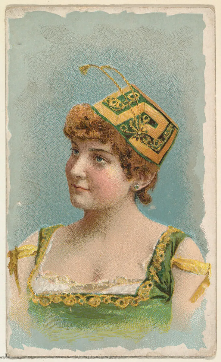 Actress wearing green and yellow fez, from Stars of the Stage, First Series (N129) issued by W. Duke, Sons & Co. to promote Honest Long Cut Tobacco — W. Duke, Sons & Co.|Knapp & Company
