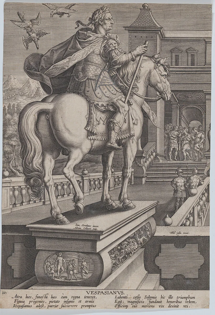 Plate 10: equestrian statue of Vespasian, seen from behind, three birds at upper right with one attacking another, from 'Roman Emperors on Horseback' — Philips Galle|Adriaen Collaert|Jan van der Straet, called Stradanus