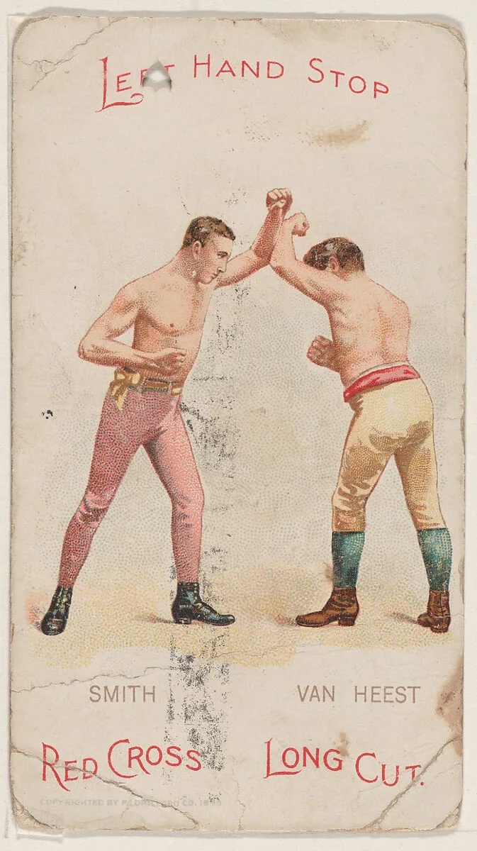 Left Hand Stop, Solomon Smith and Johnny Van Heest, from the Boxing Positions and Boxers series (N266) issued by P. Lorillard Company to promote Red Cross Long Cut Tobacco — P. Lorillard Company|H.A. Thomas & Wylie Lithographer Co., New York
