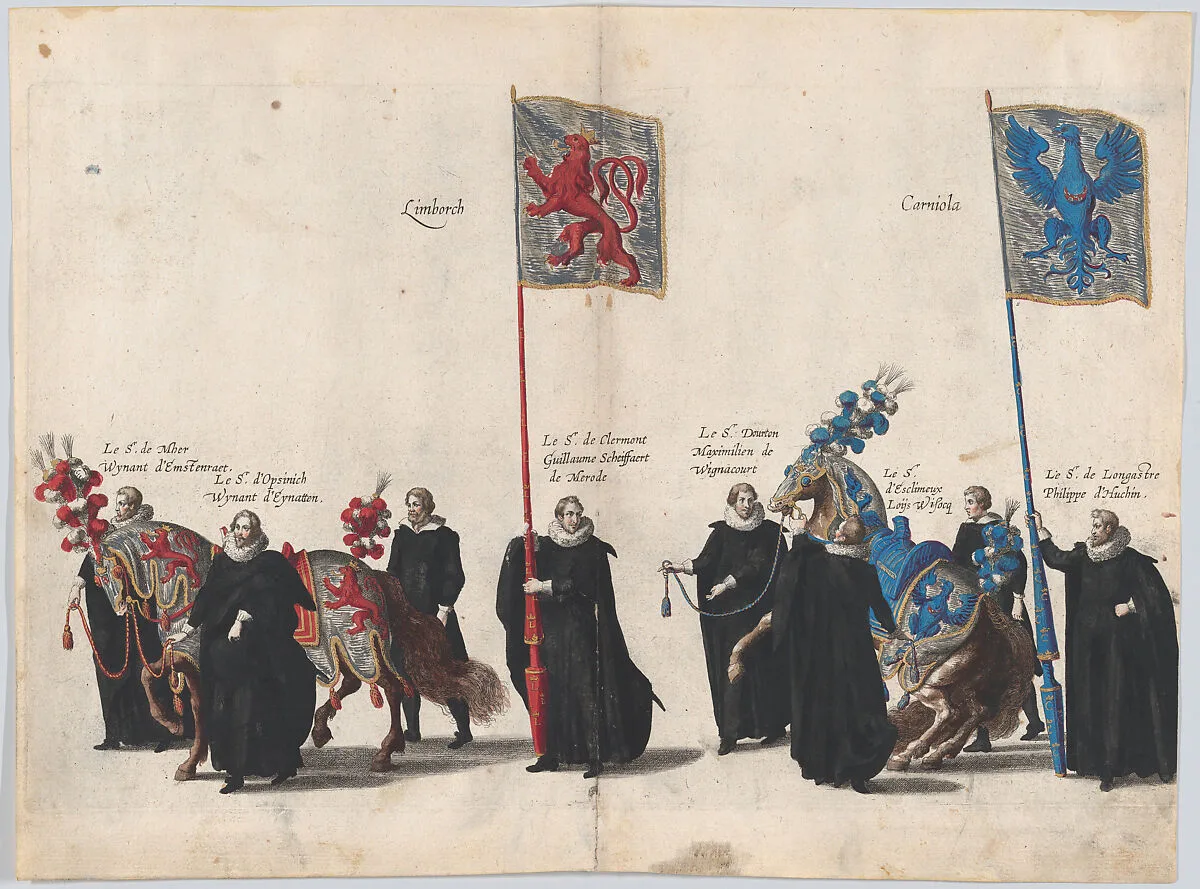 Plate 39: Men with heraldic flags and horses from Burgundy and Artois marching in the funeral procession of Archduke Albert of Austria; from 'Pompa Funebris ... Alberti Pii' — Cornelis Galle I|Jacques Francquart