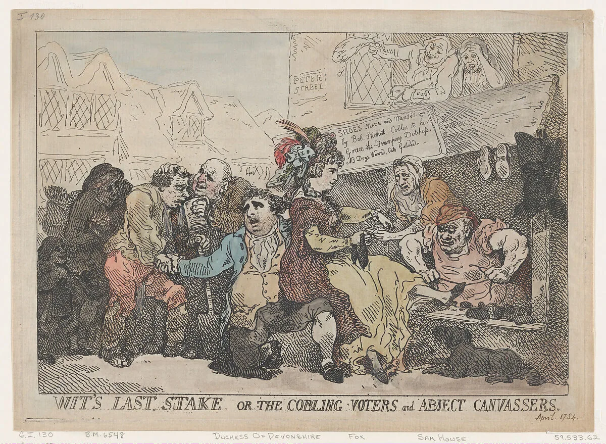 Wit's Last Stake, or the Cobbling Voters and Abject Canvassers — Thomas Rowlandson|Georgiana, Duchess of Devonshire|Charles James Fox