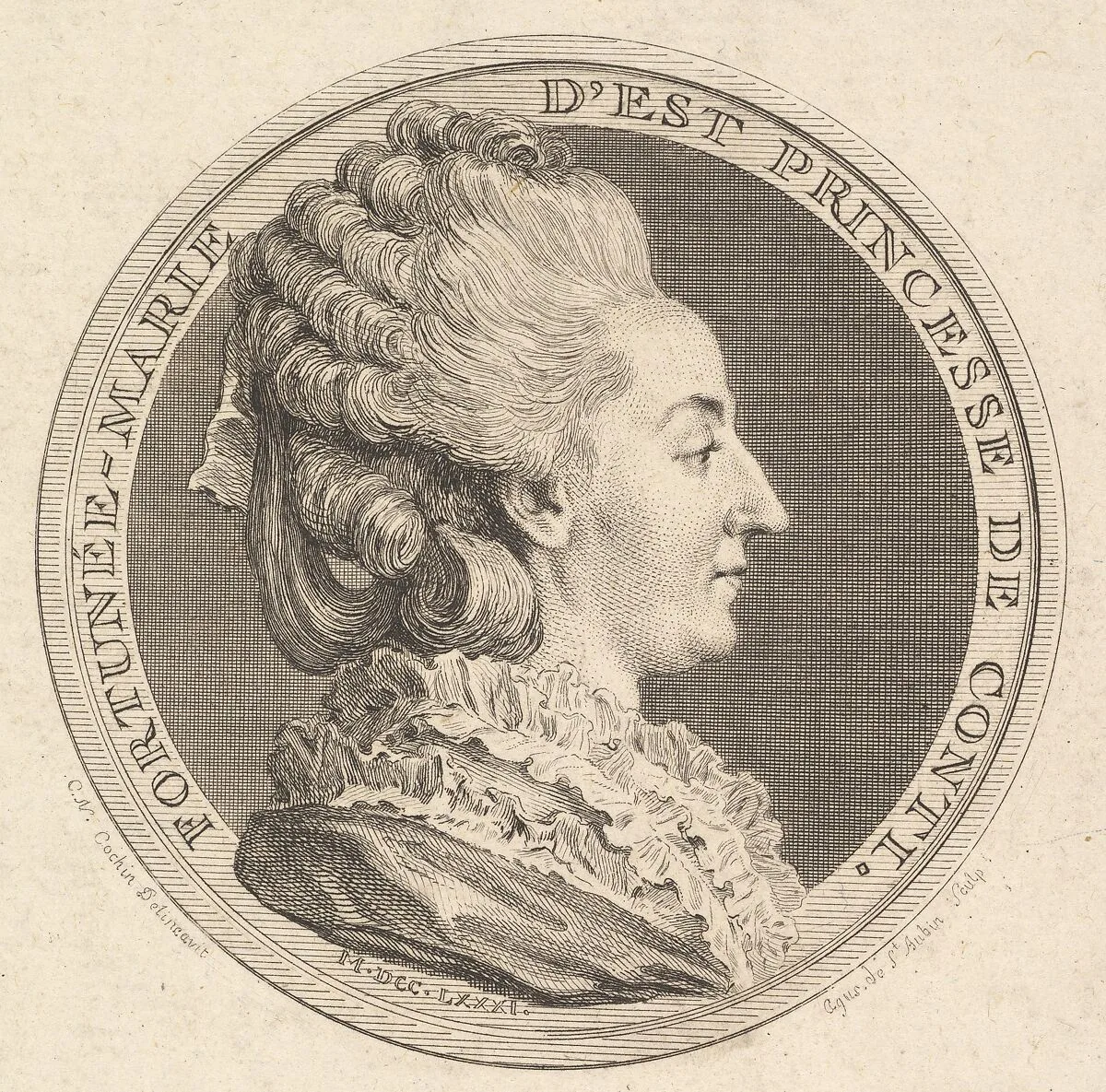 Print of a Portrait Medal of Fortunée-Marie d'Est, Princesse de Conti — Augustin de Saint-Aubin|Charles Nicolas Cochin II