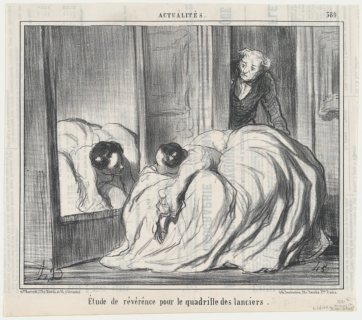 Étude de révérence pour le quadrille des lanciers, from Actualités, publlished in Le Charivari, March 30, 1857 — Aaron Martinet|Honoré Daumier|Destouches