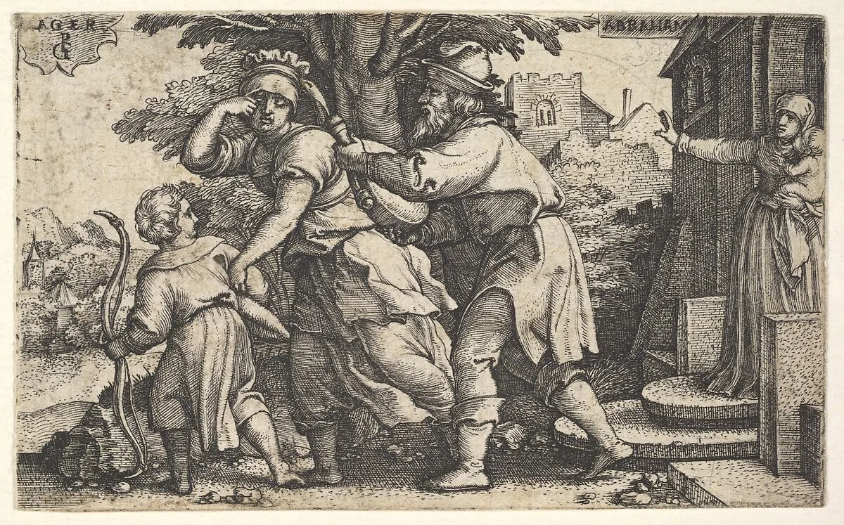 Abraham sending away Hagar and Ishmael: Abraham holds forth a vessel as Hagar and Ishmael stride before him, from the series 'The Story of Abraham' — Georg Pencz