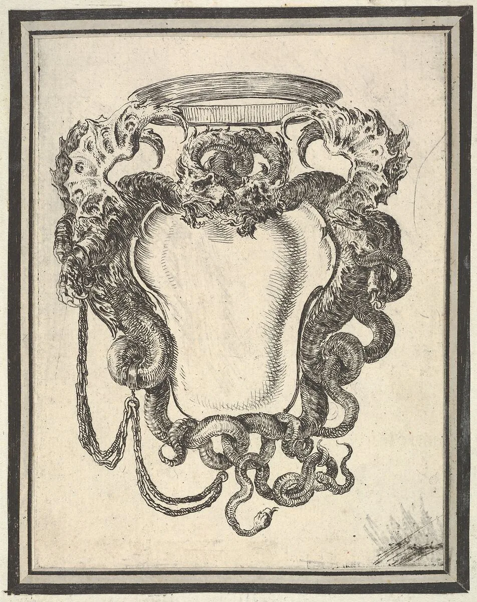 Plate 8: a cartouche flanked by dragons, their tails supporting a crown at top, from 'Nouvelles inventions de Cartouches' — Stefano della Bella