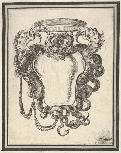 Plate 8: a cartouche flanked by dragons, their tails supporting a crown at top, from 'Nouvelles inventions de Cartouches'