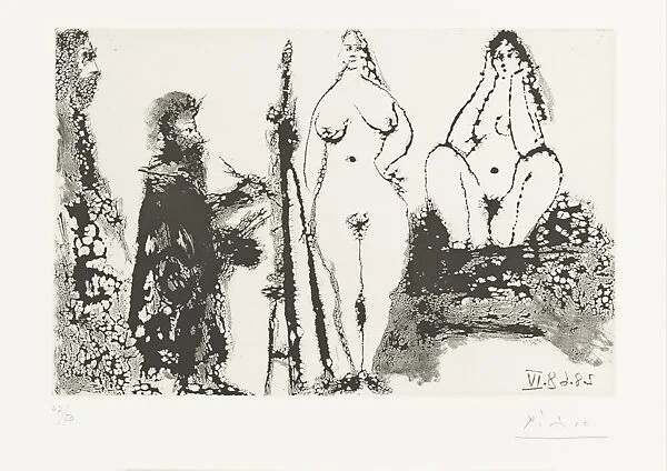 Bearded Painter in a Dressing Gown with Two Nude Women and a Visitor, from 347 Suite — Pablo Picasso|Aldo and Piero Crommelynck|Galerie Louise Leiris