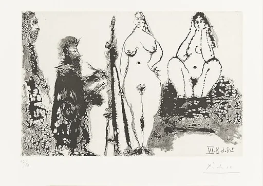 Bearded Painter in a Dressing Gown with Two Nude Women and a Visitor, from 347 Suite
