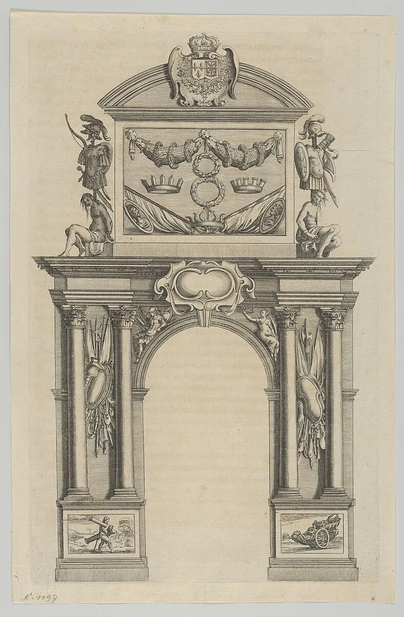 Triumphal arch, from 'Éloges et discours sur la triomphante réception du Roy en sa ville de Paris ...' by Jean-Baptiste de Machault — Pierre Firens I|Melchior Tavernier|Abraham Bosse|Jean-Baptiste de Machault