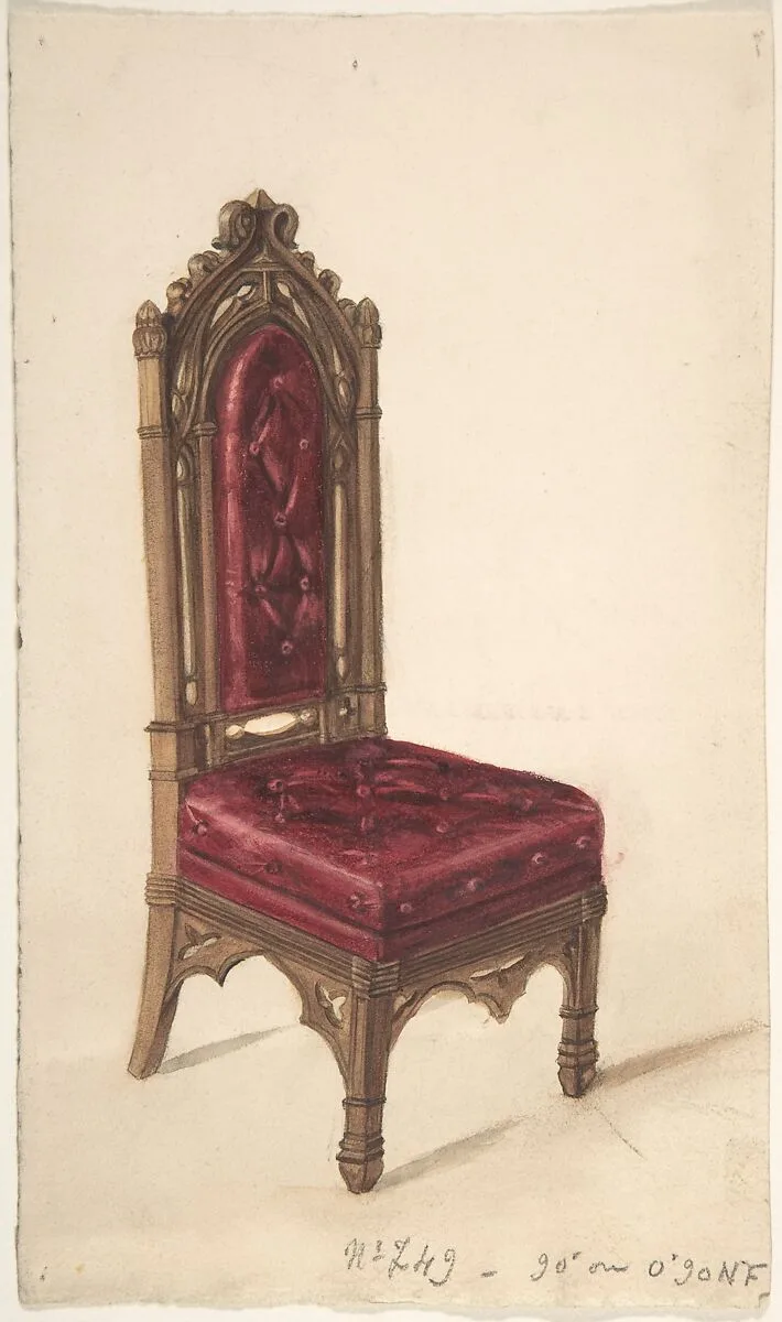 Gothic Style Chair with Dark Wood Frame and Maroon Upholstery — Anonymous, British, 19th century