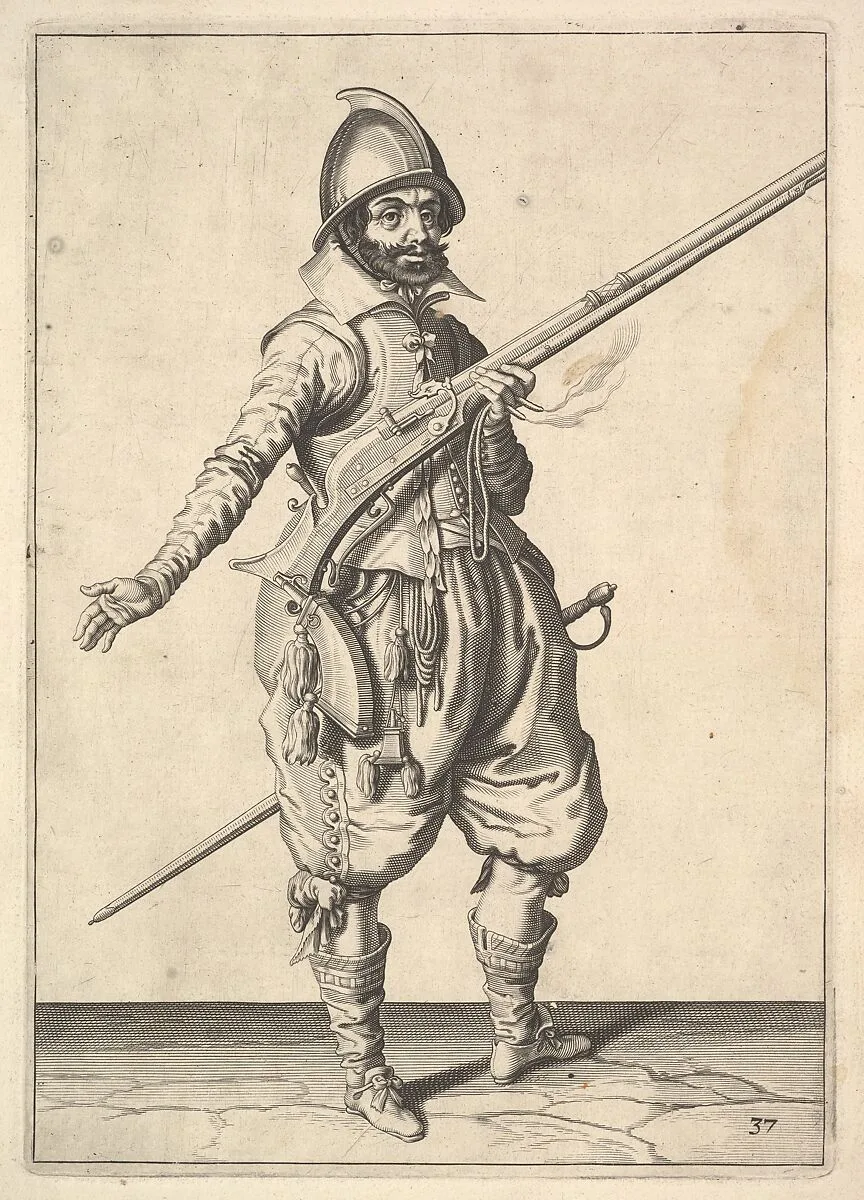 A soldier on guard freeing his right hand, from the Marksmen series, plate 37, in Wapenhandelinghe van Roers Musquetten Ende Spiessen (The Exercise of Arms) — Jacques de Gheyn II|Jacques de Gheyn II
