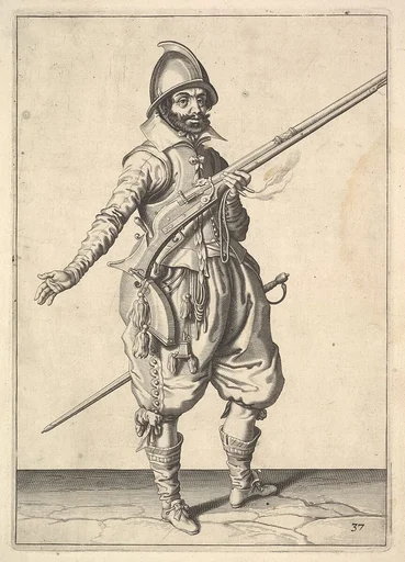 A soldier on guard freeing his right hand, from the Marksmen series, plate 37, in Wapenhandelinghe van Roers Musquetten Ende Spiessen (The Exercise of Arms)