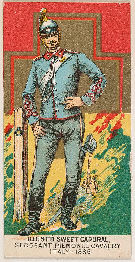 Sergeant Piemonte Cavalry, Italy, 1886, from the Military Series (N224) issued by Kinney Tobacco Company to promote Sweet Caporal Cigarettes — Kinney Brothers Tobacco Company