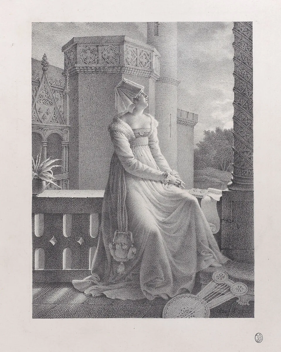 Portrait of Christine de Pisan seated on a balcony — Christine de Pisan|Marie Philippe Coupin de la Couperie