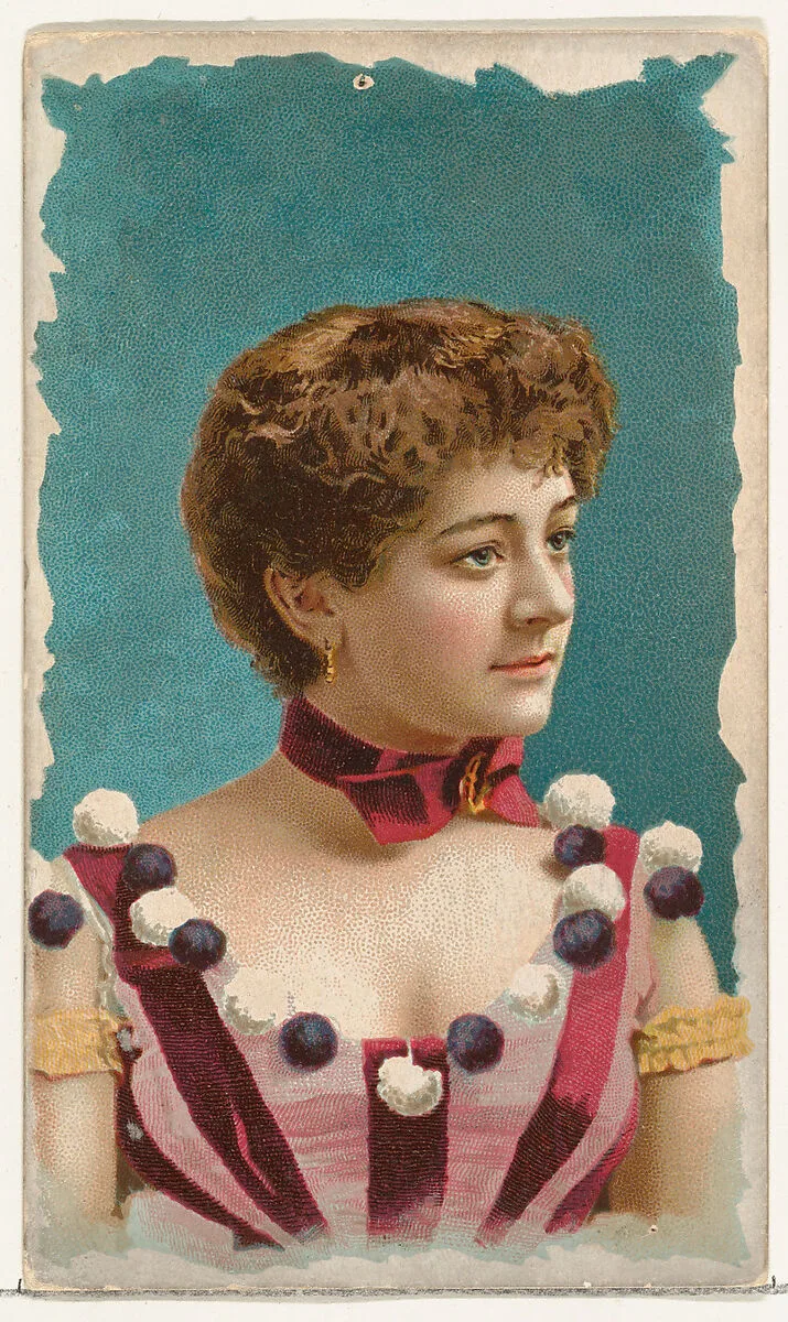 Actress wearing striped bodice decorated with black and white pompoms, from Stars of the Stage, First Series (N129) issued by W. Duke, Sons & Co. to promote Honest Long Cut Tobacco — Knapp & Company|W. Duke, Sons & Co.