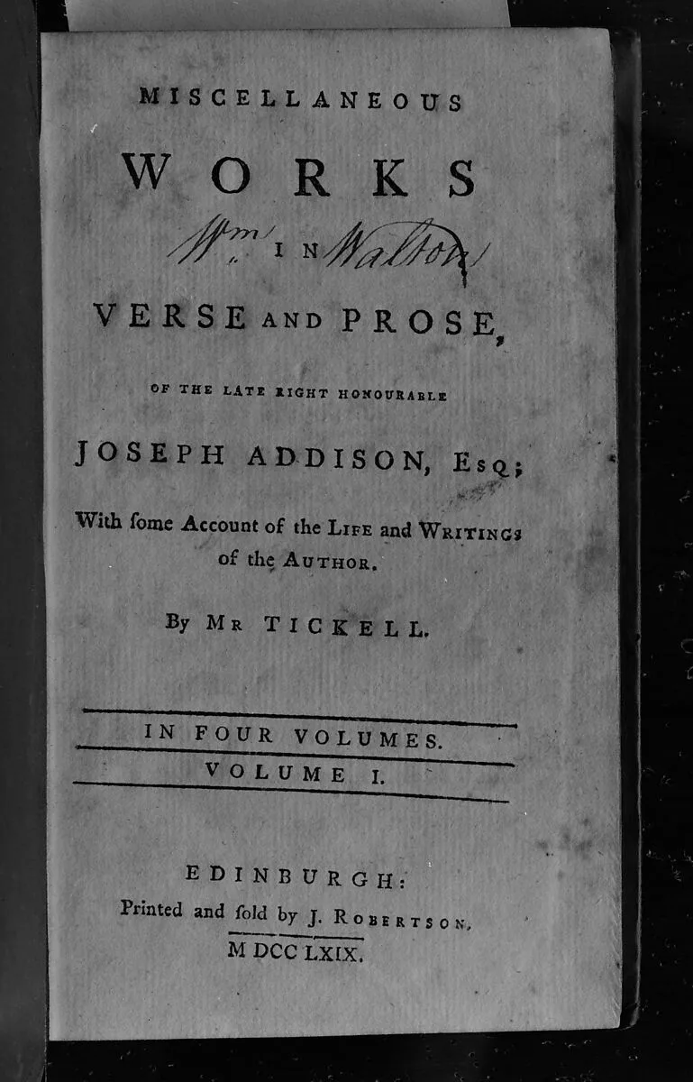 Book: Miscellaneous Works in Verse and Prose (Volume I of four volumes) — Joseph Addison, Esq.|J. Robertson