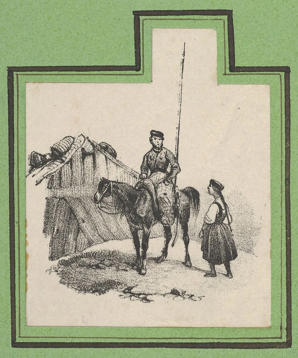 Soldier on a horse with a woman beside him — Victor Adam
