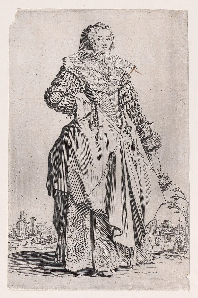 La Dame a la Grande Collerette et a la Coiffe Retombant en Arrière (The Lady with the Large Collar and a Headdress that Falls to the Back), from La Noblesse (The Nobility) — Jacques Callot