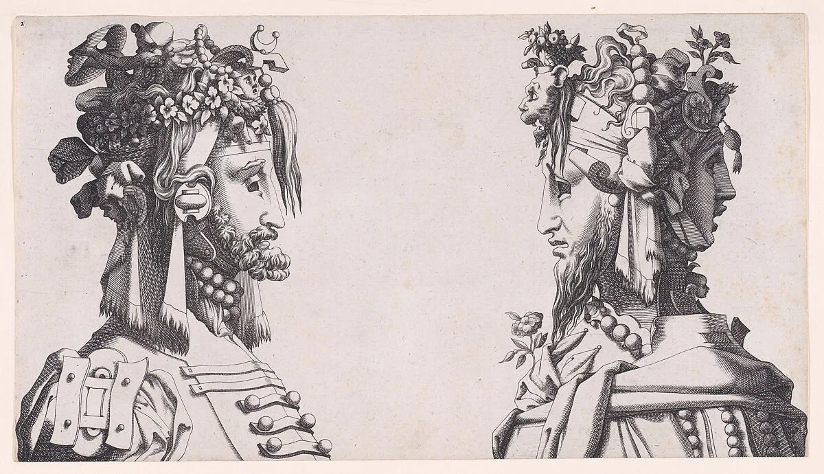 Two Male Busts with Head-dresses for the Ballet — René Boyvin|Rosso Fiorentino