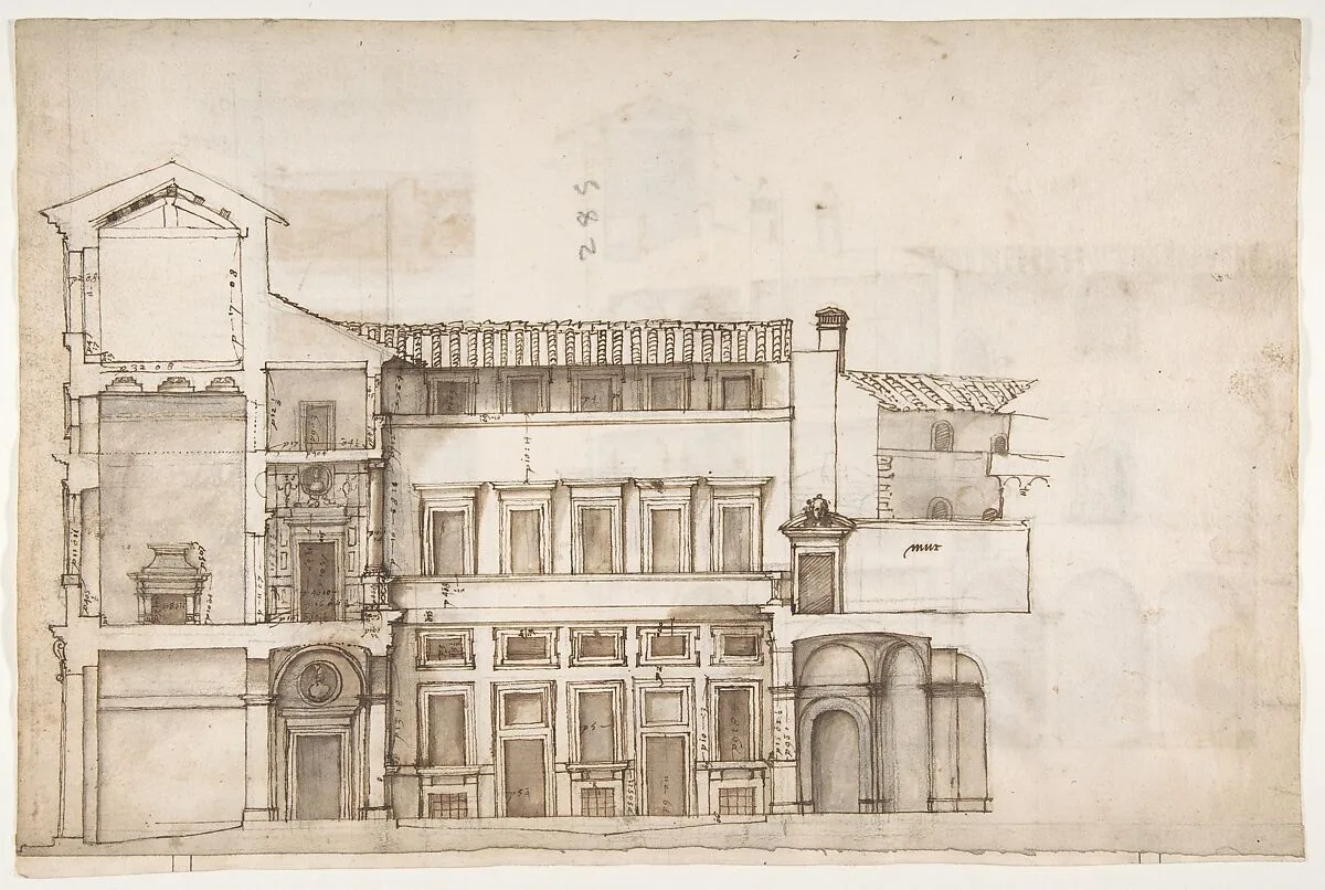 Palazzo Pirro in Rome, section (recto) Palazzo Pirro in Rome, sections; profiles (verso) — Anonymous, French, 16th century