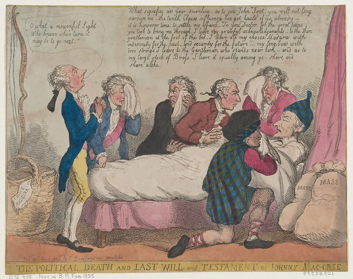 The Political Death and Last Will and Testament of Johnny Mac-Cree — Henry Dundas, 1st Viscount Melville|Thomas Trotter|Thomas Rowlandson|William Pitt