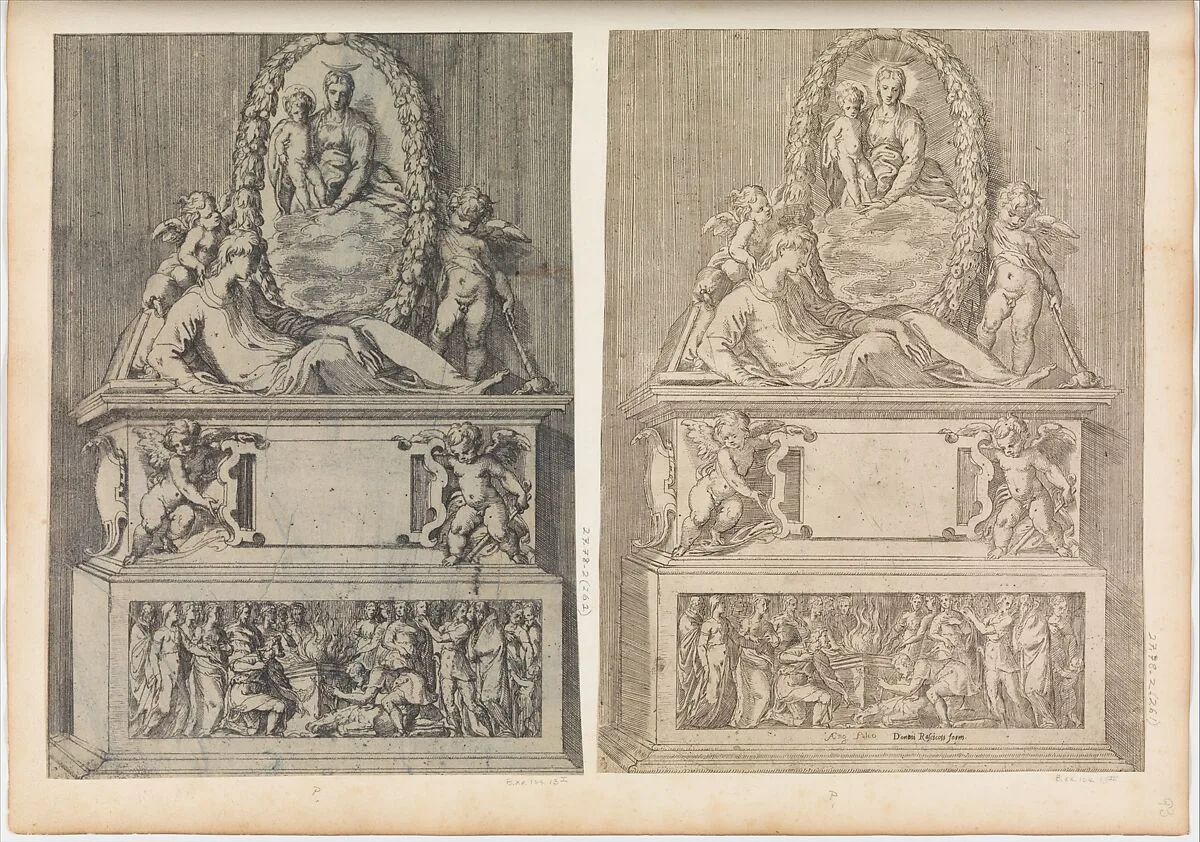 Tomb Surmounted by the Madonna and Child in an Oval Wreath — Angiolo Falconetto|Parmigianino (Girolamo Francesco Maria Mazzola)