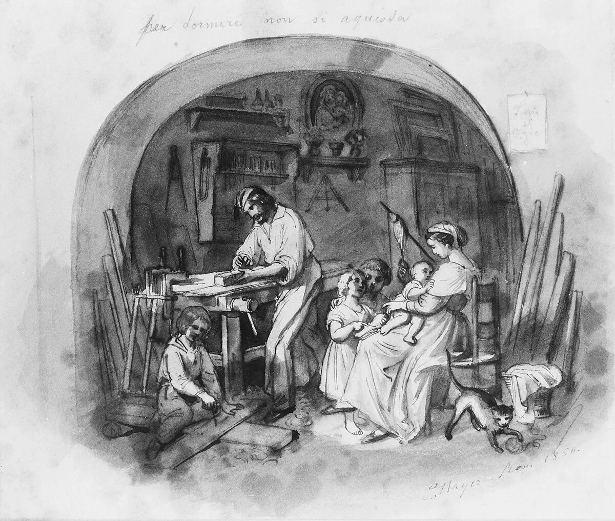 Interior Setting: Carpenter at Work with Family (from Cropsey Album) — Constant Mayer