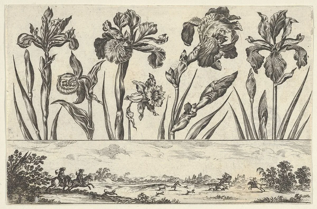 Horizontal Panel with a Row of Flowers Above a Frieze with a Hunting Scene in a Landscape, from Livre Nouveau de Fleurs Tres-Util — Nicolas Cochin|Balthazar Moncornet