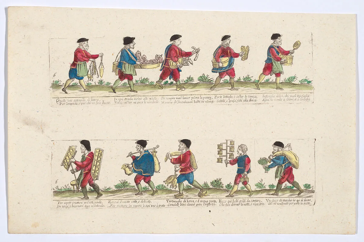 Plate 6 depicting the trades of Rome,here including vendors of lamps, shirt collars, turtles etc, from the 'Descrición de las artes que se llaman para los calles de la ciudad de Roma' — Remondini