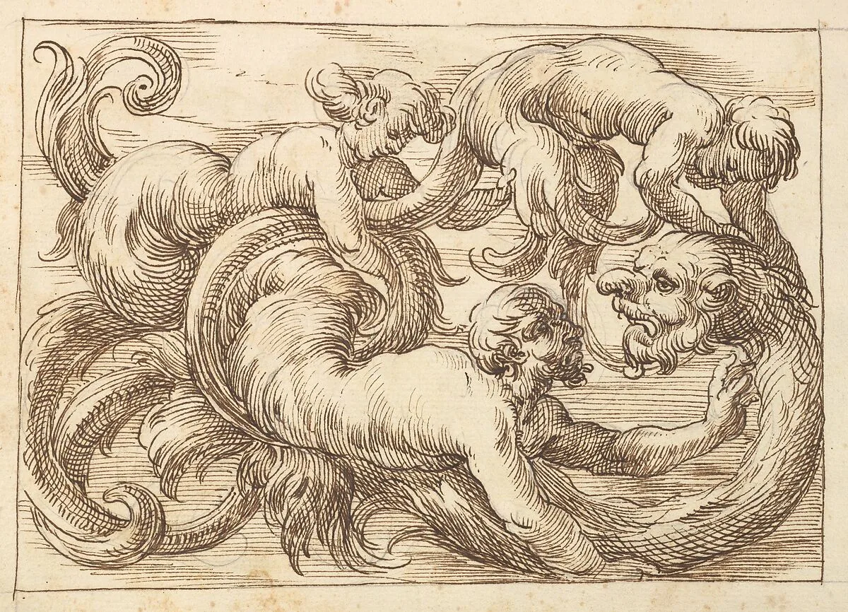 Horizontal Panel Design with a Three Figures and a Fantastical Creature Interspersed between Acanthus Rinceaux — Polifilo Giancarli|Anonymous, Italian, Venetian, 17th century