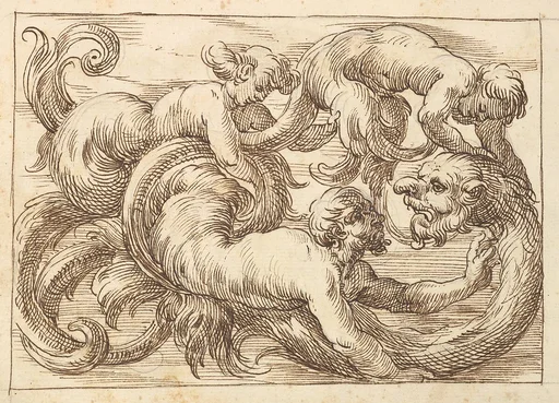Horizontal Panel Design with a Three Figures and a Fantastical Creature Interspersed between Acanthus Rinceaux