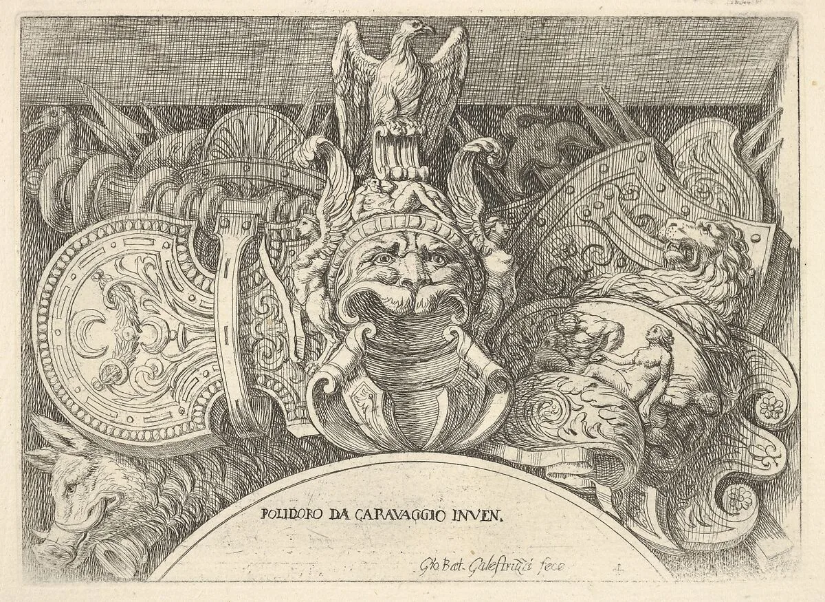 Plate 4: trophies of Roman arms from decorations above the windows on the second floor of the Palazzo Milesi in Rome — Giovanni Battista Galestruzzi|Polidoro da Caravaggio