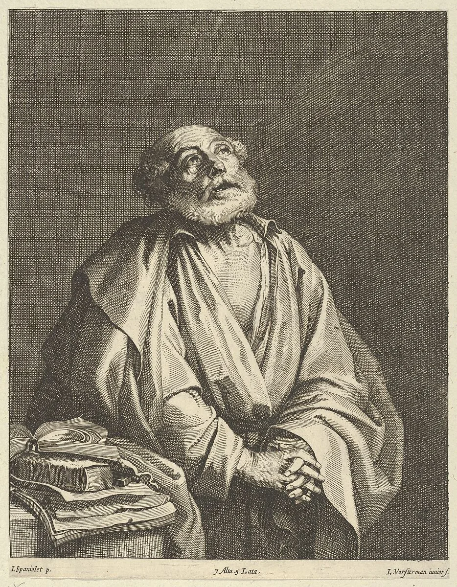 Saint Peter in prayer, looking upwards and to the right — Jusepe de Ribera (called Lo Spagnoletto)|David Teniers the Younger|Lucas Vorsterman II
