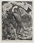 'Venganza': 'The vengeance of the people', a barefooted man rasing an axe to bring down on a cowering group of Fascists, amongst them, Adolf Hilter who clutches a dead child — Leopoldo Méndez