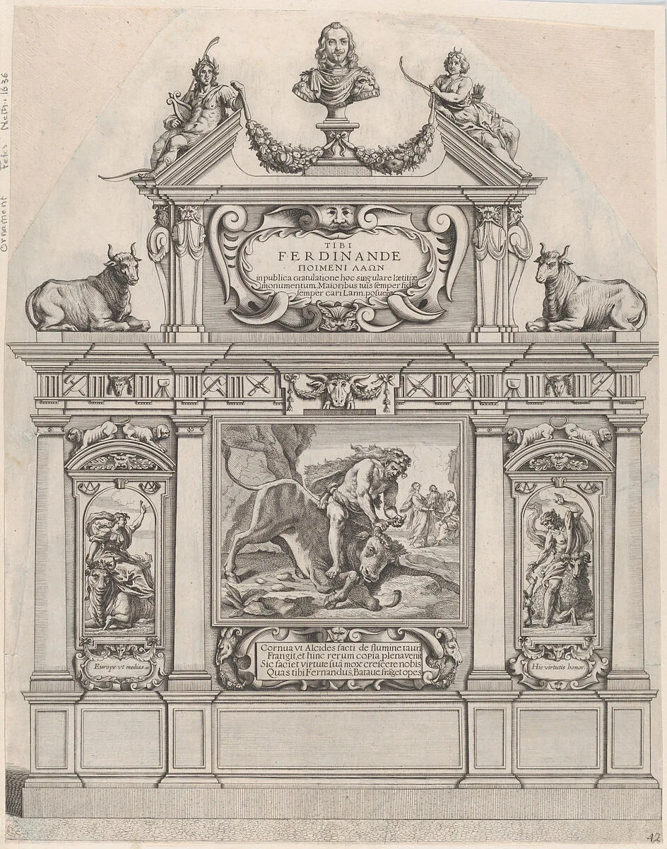 Plate 36: Triumphal arch, surmounted with a portrait bust of Ferdinand, flanked by sculptures of Apollo and Diana; ornamented with allegorical scenes below; from Guillielmus Becanus's 'Serenissimi Principis Ferdinandi, Hispaniarum Infantis...' — Johannes Meursius