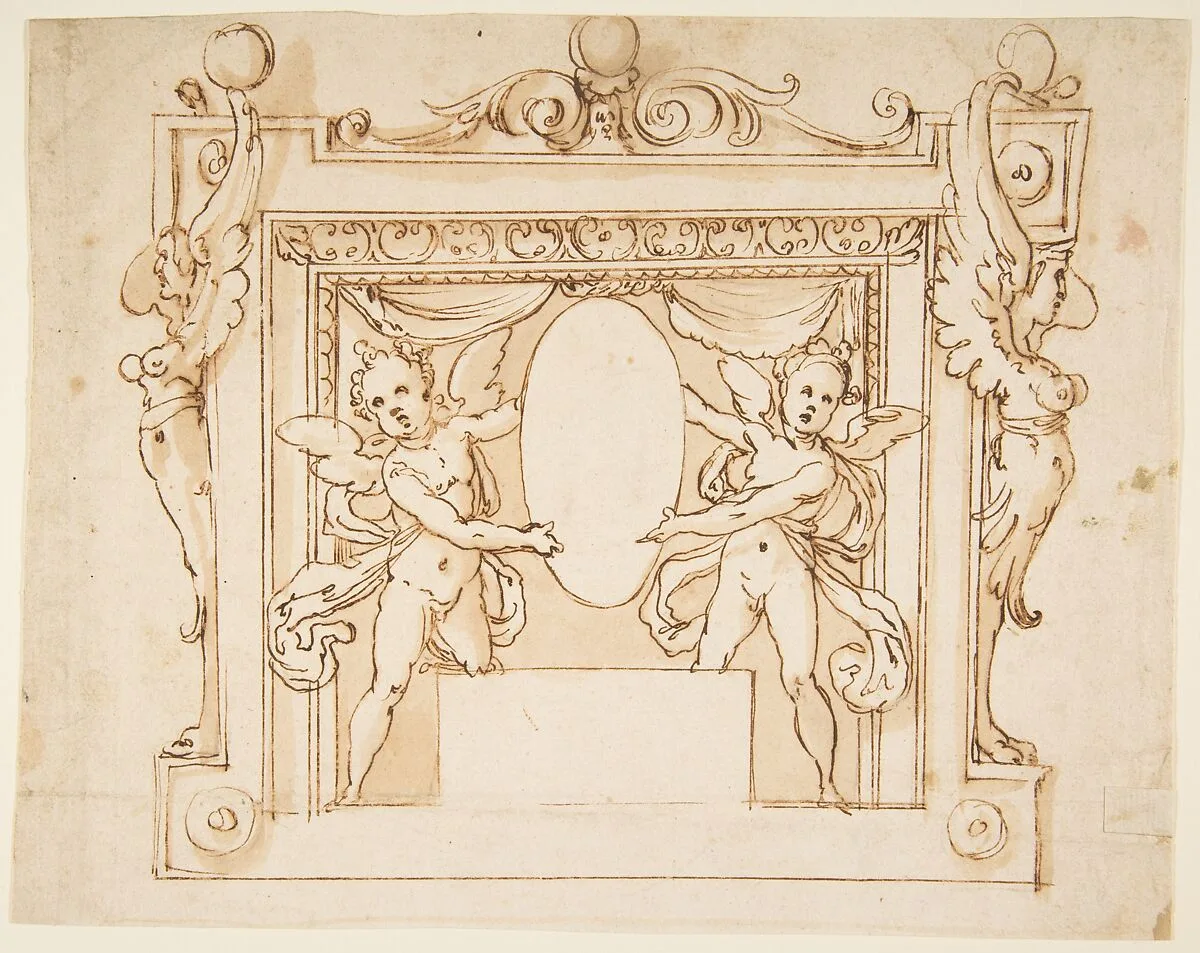Drawing for a Memorial Tablet: Two Winged Children Holding an Empty Oval in a Frame with Gryphons — Federico Zuccaro (Zuccari)