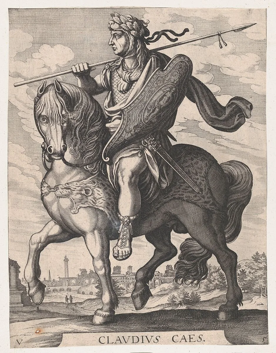 Plate 5: Emperor Claudius on Horseback, from 'The First Twelve Roman Caesars' after Tempesta — Antonio Tempesta|Matthäus Merian the Elder