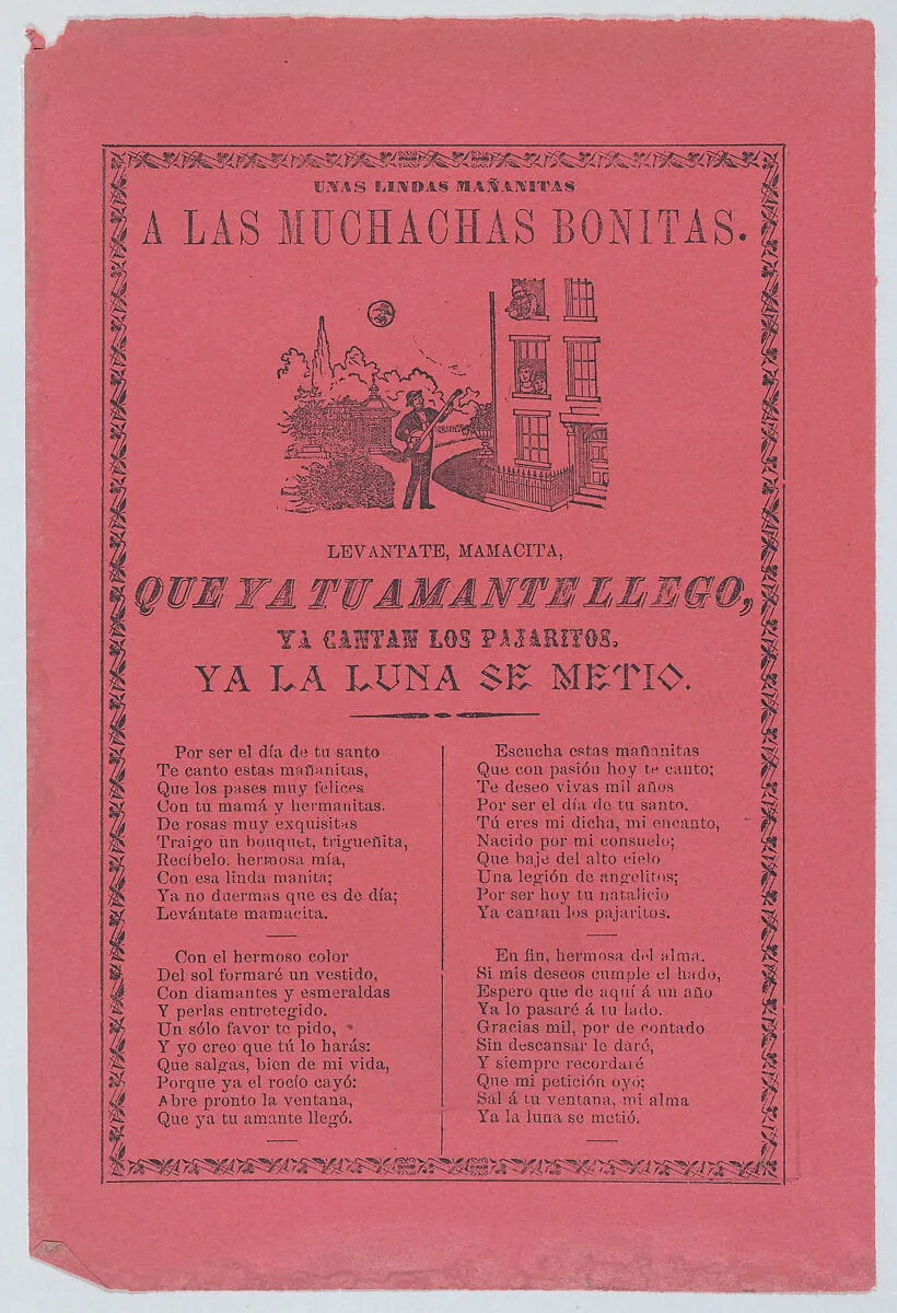 Broadsheet with a ballad about a man who stands outside his lover's window and sings to her — José Guadalupe Posada|Antonio Vanegas Arroyo