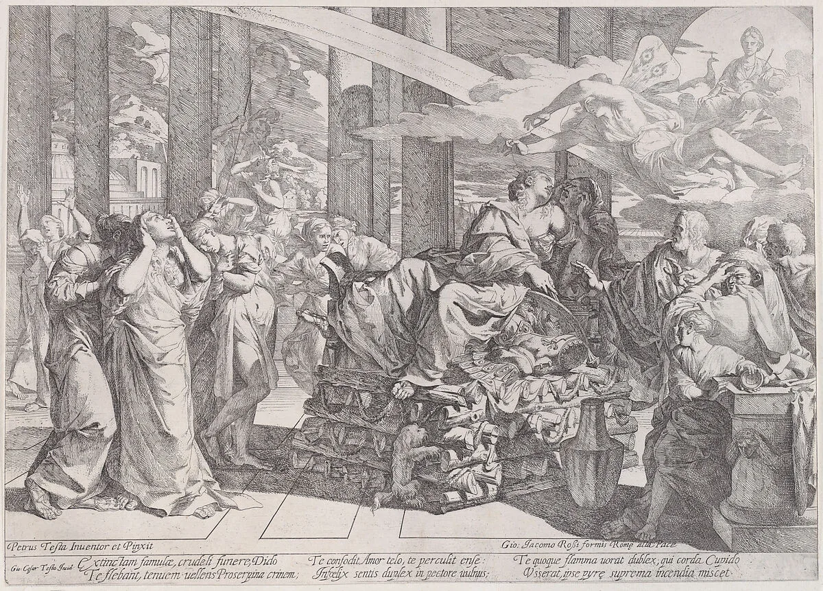 The suicide of Dido who reclines on a pyre in centre, surrounded by many figures — Pietro Testa|Giovanni Cesare Testa