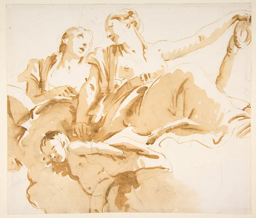 Two Women, One Holding an Anchor, and a Putto on Clouds